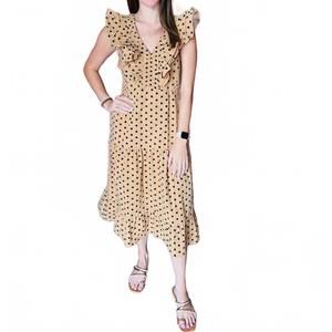 NEW REMINISCENCE ruched cotton polka dot midi dress in brown